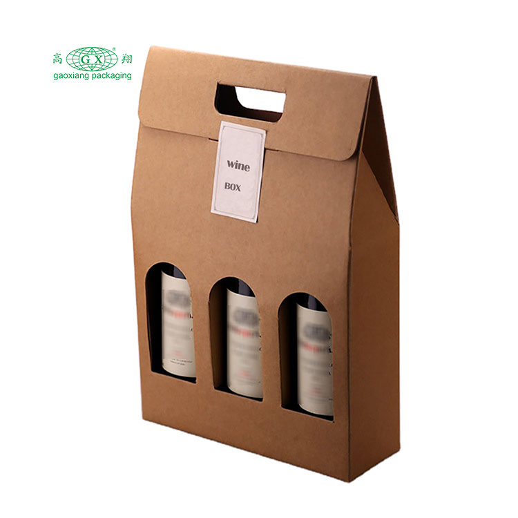 Scatole per vino ondulate pieghevoli stampate personalizzate all'ingrosso Scatola per imballaggio di bottiglie di carta da 3 bottiglie con finestra