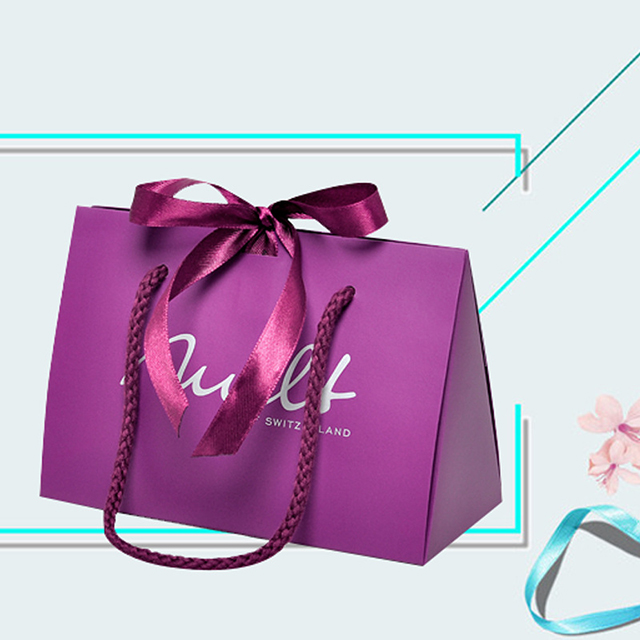Sacchetto di carta in cartone stampato con logo completo viola stampato di lusso personalizzato con manico a fiocco in nastro per scatole della spesa per regali