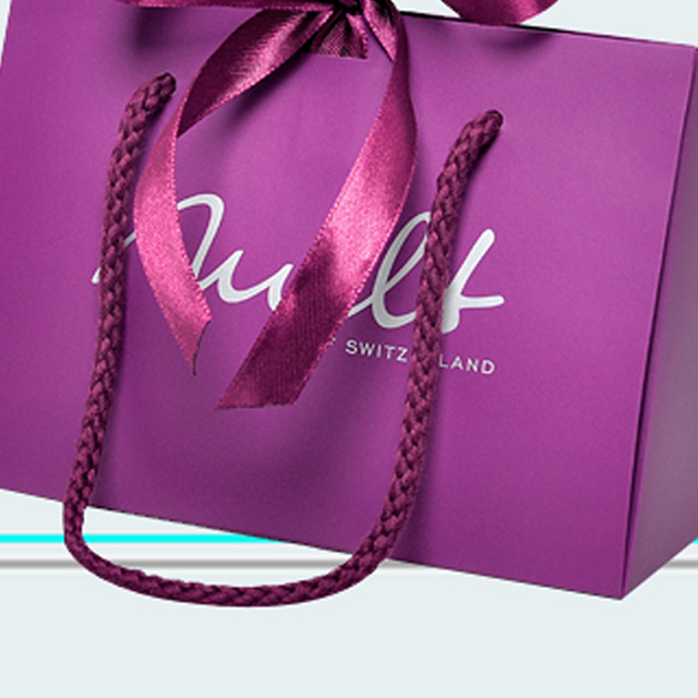 Sacchetto di carta in cartone stampato con logo completo viola stampato di lusso personalizzato con manico a fiocco in nastro per scatole della spesa per regali